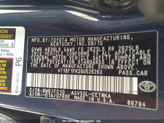 Photo 8 VIN: 4T1BF1FK2GU526263 - TOYOTA CAMRY 