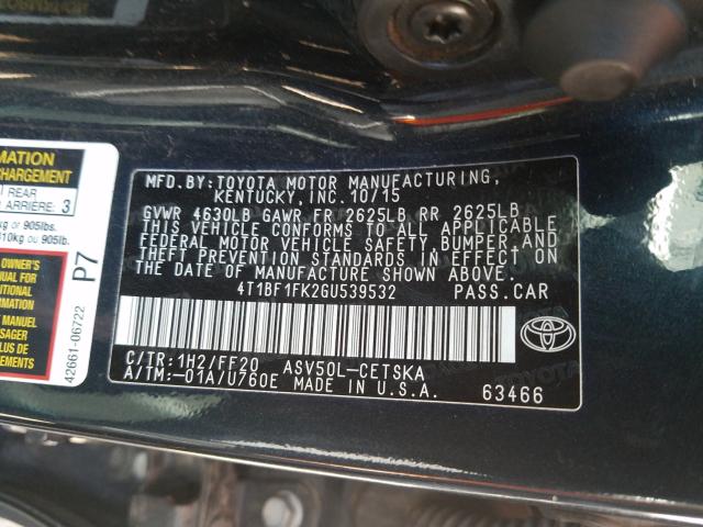 Photo 9 VIN: 4T1BF1FK2GU539532 - TOYOTA CAMRY LE 