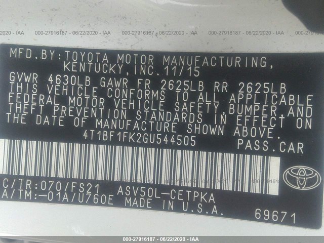 Photo 8 VIN: 4T1BF1FK2GU544505 - TOYOTA CAMRY 