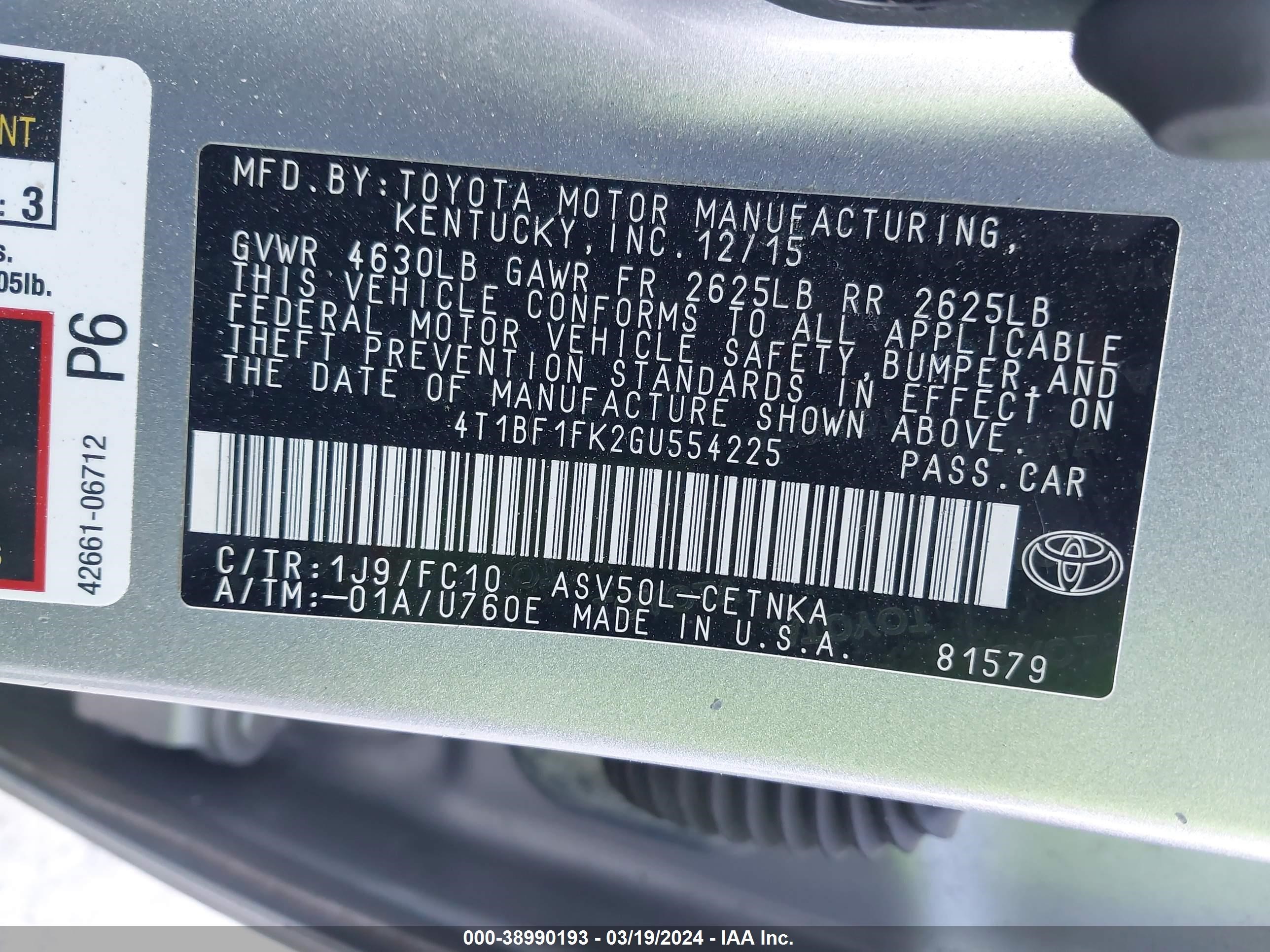 Photo 8 VIN: 4T1BF1FK2GU554225 - TOYOTA CAMRY 