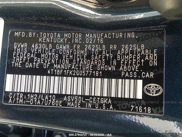 Photo 8 VIN: 4T1BF1FK2GU577181 - TOYOTA CAMRY 