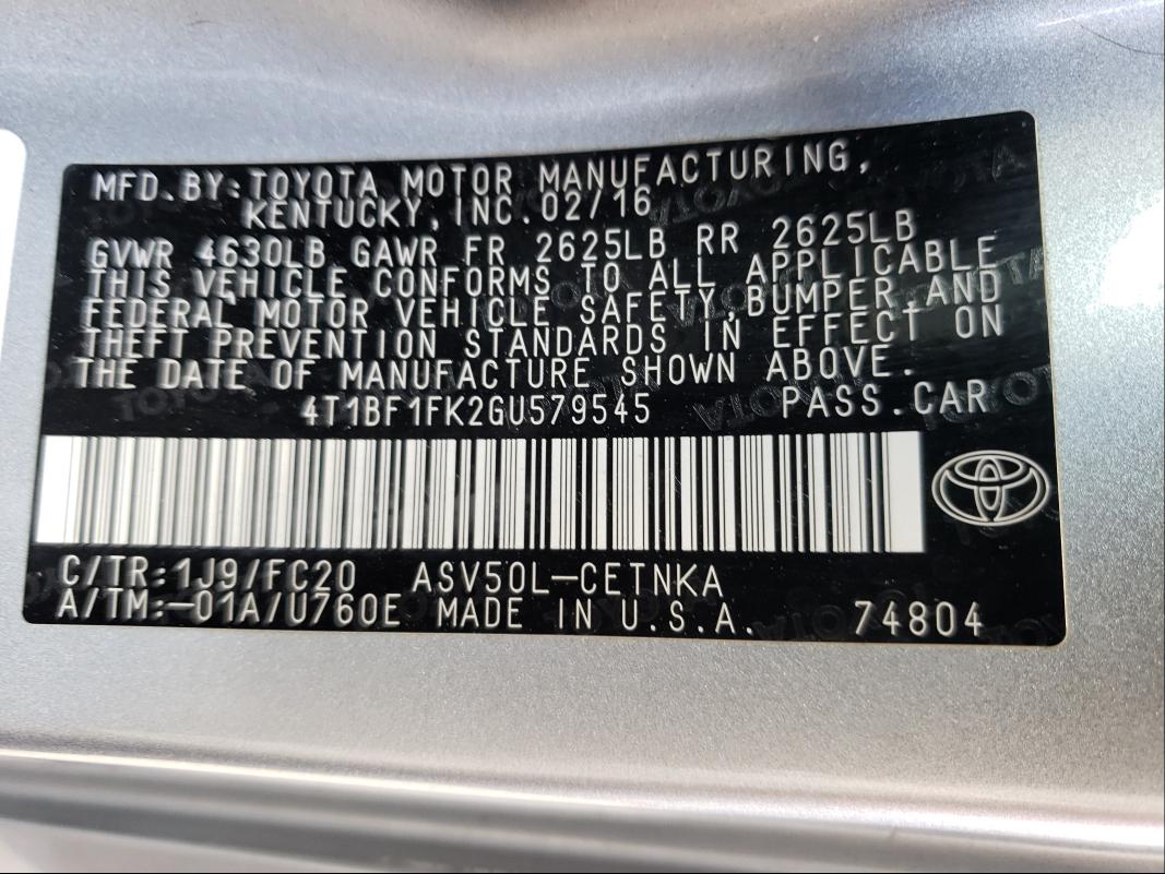 Photo 9 VIN: 4T1BF1FK2GU579545 - TOYOTA CAMRY LE 