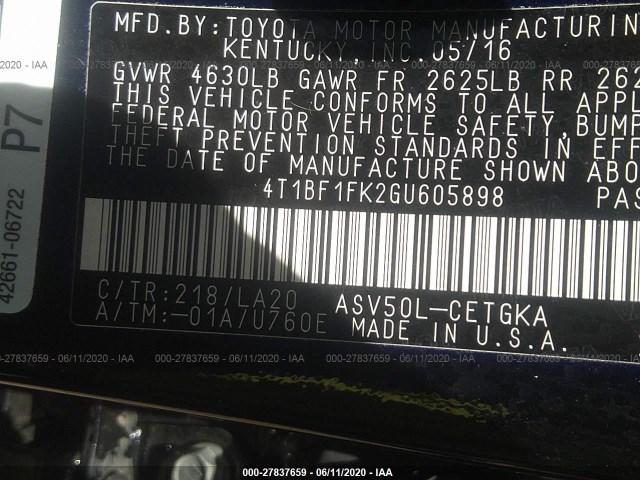 Photo 8 VIN: 4T1BF1FK2GU605898 - TOYOTA CAMRY 