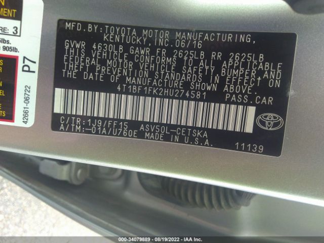 Photo 8 VIN: 4T1BF1FK2HU274581 - TOYOTA CAMRY 