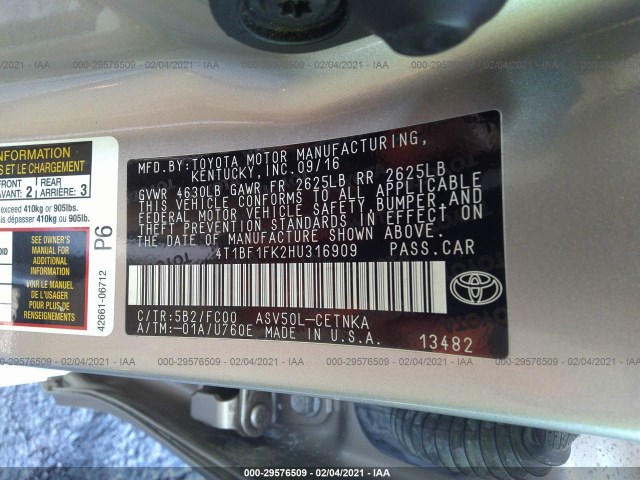 Photo 8 VIN: 4T1BF1FK2HU316909 - TOYOTA CAMRY 