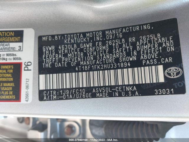 Photo 8 VIN: 4T1BF1FK2HU331894 - TOYOTA CAMRY 