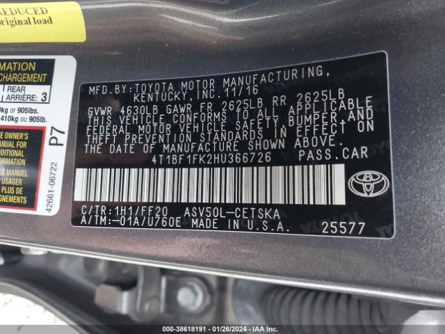 Photo 8 VIN: 4T1BF1FK2HU366726 - TOYOTA CAMRY 