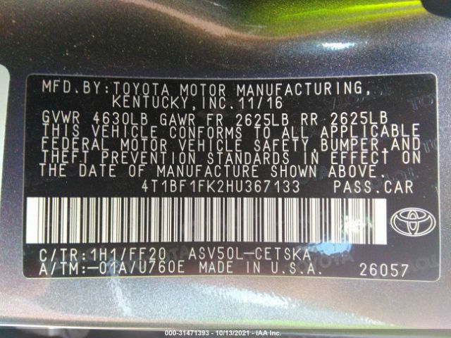 Photo 8 VIN: 4T1BF1FK2HU367133 - TOYOTA CAMRY 