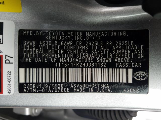 Photo 9 VIN: 4T1BF1FK2HU381162 - TOYOTA CAMRY LE 