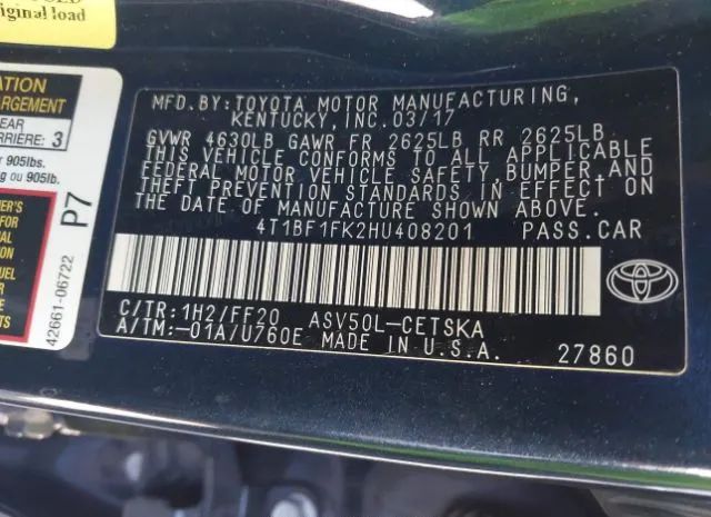 Photo 8 VIN: 4T1BF1FK2HU408201 - TOYOTA CAMRY 