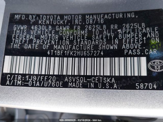 Photo 8 VIN: 4T1BF1FK2HU657274 - TOYOTA CAMRY 