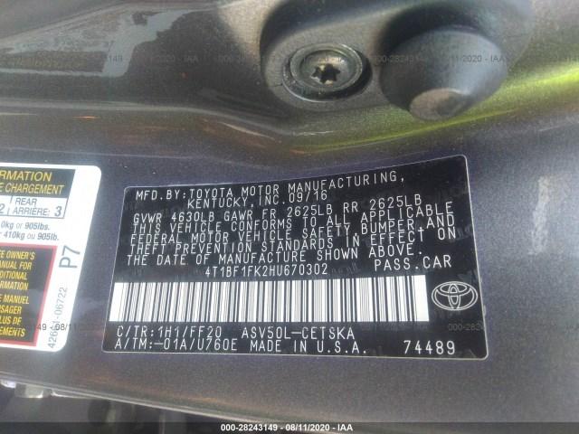 Photo 8 VIN: 4T1BF1FK2HU670302 - TOYOTA CAMRY 