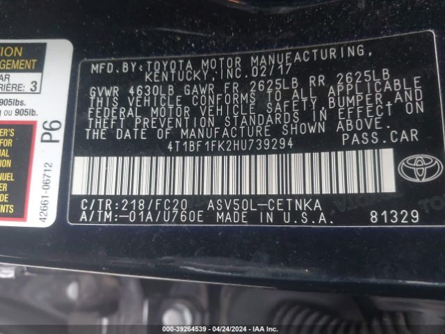 Photo 8 VIN: 4T1BF1FK2HU739294 - TOYOTA CAMRY 