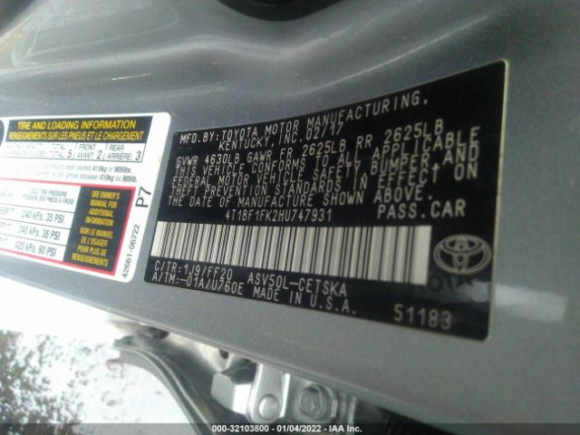 Photo 8 VIN: 4T1BF1FK2HU747931 - TOYOTA CAMRY 