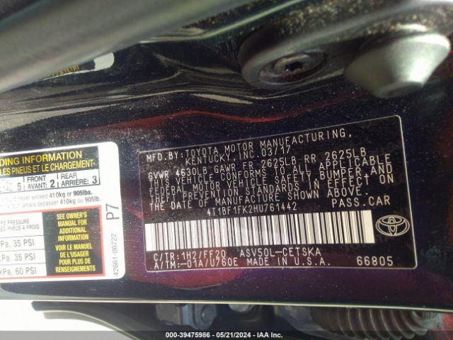 Photo 8 VIN: 4T1BF1FK2HU761442 - TOYOTA CAMRY 