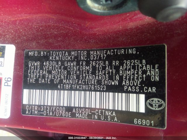 Photo 8 VIN: 4T1BF1FK2HU761523 - TOYOTA CAMRY 