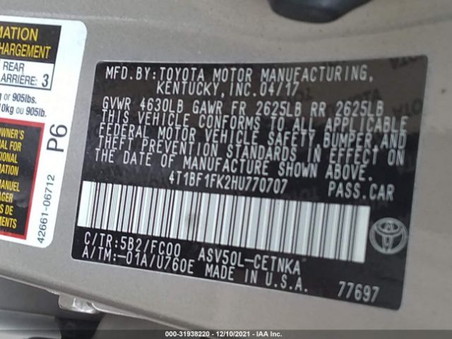 Photo 8 VIN: 4T1BF1FK2HU770707 - TOYOTA CAMRY 