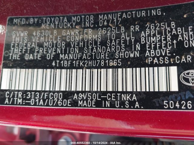 Photo 8 VIN: 4T1BF1FK2HU781965 - TOYOTA CAMRY 