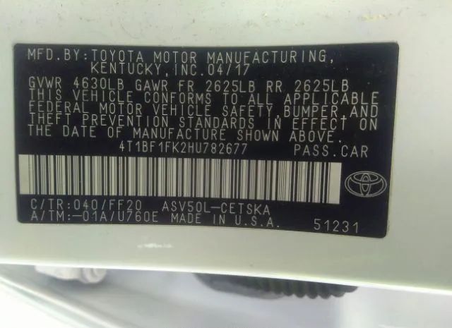 Photo 8 VIN: 4T1BF1FK2HU782677 - TOYOTA CAMRY 