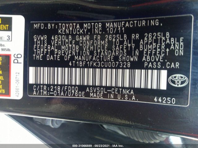 Photo 8 VIN: 4T1BF1FK3CU007328 - TOYOTA CAMRY 