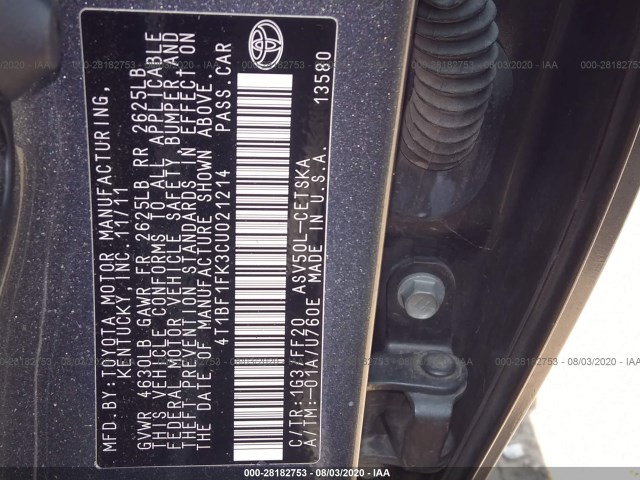 Photo 8 VIN: 4T1BF1FK3CU021214 - TOYOTA CAMRY 