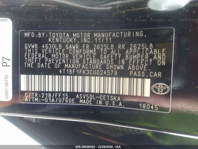 Photo 8 VIN: 4T1BF1FK3CU024579 - TOYOTA CAMRY 