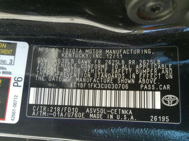 Photo 9 VIN: 4T1BF1FK3CU030706 - TOYOTA CAMRY LE 