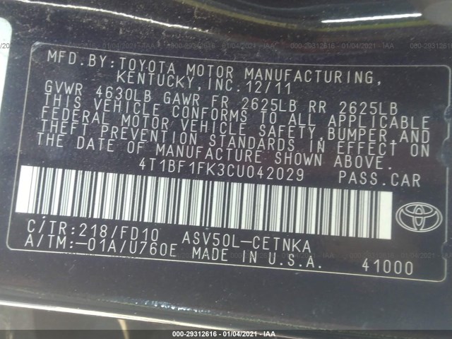 Photo 8 VIN: 4T1BF1FK3CU042029 - TOYOTA CAMRY 