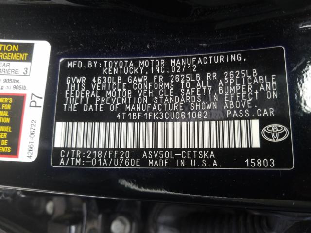 Photo 9 VIN: 4T1BF1FK3CU061082 - TOYOTA CAMRY BASE 