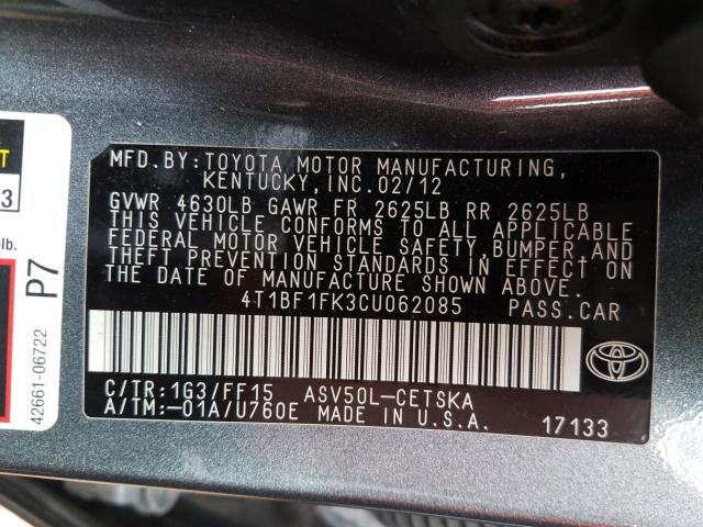 Photo 9 VIN: 4T1BF1FK3CU062085 - TOYOTA CAMRY BASE 