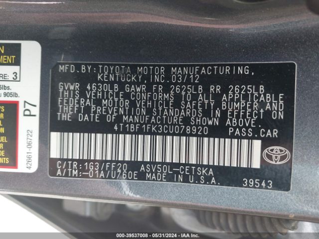 Photo 8 VIN: 4T1BF1FK3CU078920 - TOYOTA CAMRY 