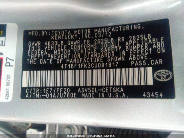 Photo 8 VIN: 4T1BF1FK3CU081817 - TOYOTA CAMRY 