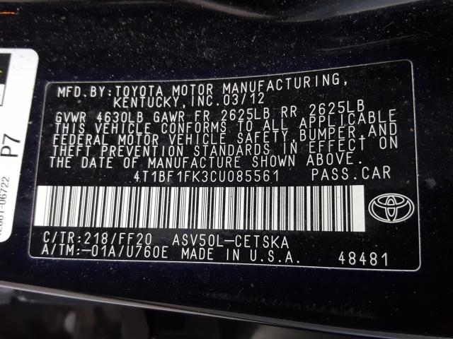 Photo 9 VIN: 4T1BF1FK3CU085561 - TOYOTA CAMRY BASE 