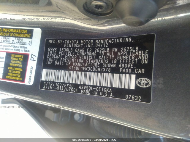 Photo 8 VIN: 4T1BF1FK3CU092378 - TOYOTA CAMRY 