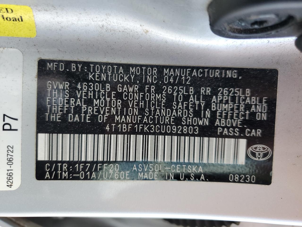 Photo 11 VIN: 4T1BF1FK3CU092803 - TOYOTA CAMRY 