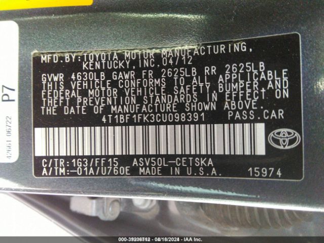 Photo 8 VIN: 4T1BF1FK3CU098391 - TOYOTA CAMRY 