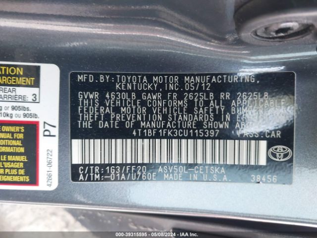 Photo 8 VIN: 4T1BF1FK3CU115397 - TOYOTA CAMRY 