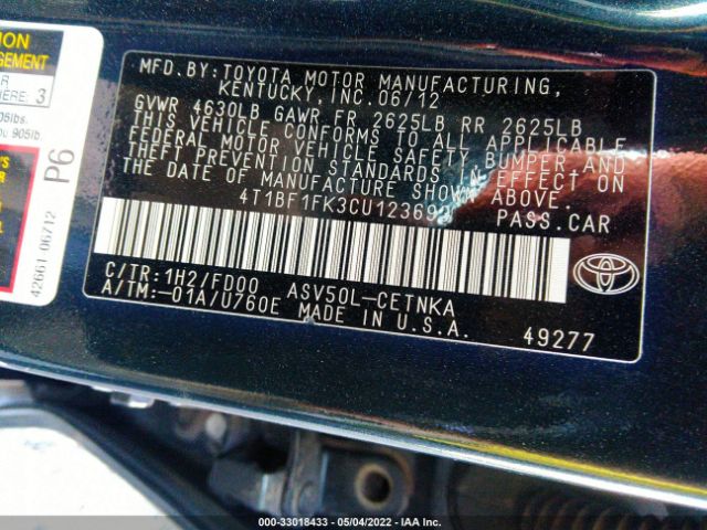 Photo 8 VIN: 4T1BF1FK3CU123693 - TOYOTA CAMRY 