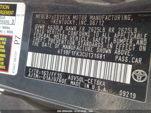 Photo 8 VIN: 4T1BF1FK3CU131681 - TOYOTA CAMRY 