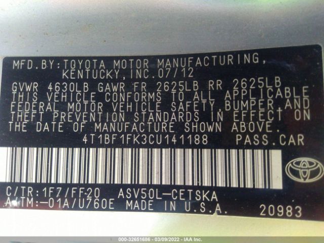 Photo 8 VIN: 4T1BF1FK3CU141188 - TOYOTA CAMRY 