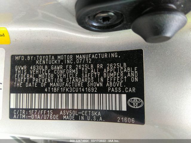 Photo 8 VIN: 4T1BF1FK3CU141692 - TOYOTA CAMRY 