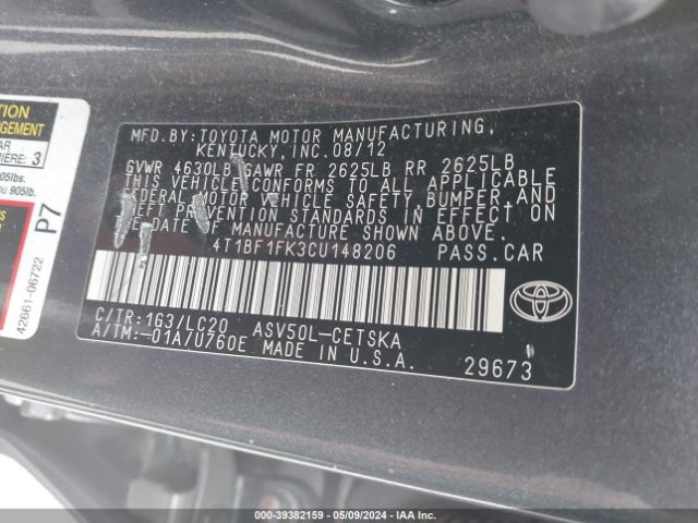 Photo 8 VIN: 4T1BF1FK3CU148206 - TOYOTA CAMRY 