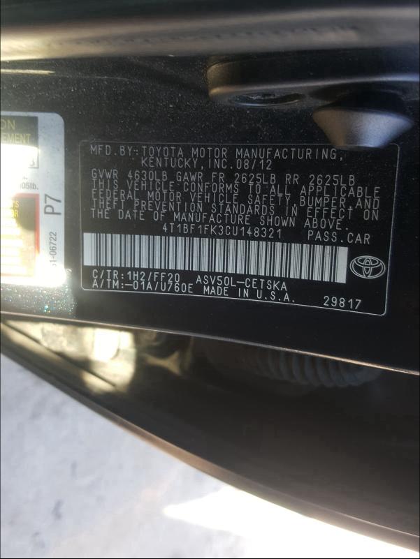 Photo 9 VIN: 4T1BF1FK3CU148321 - TOYOTA CAMRY BASE 