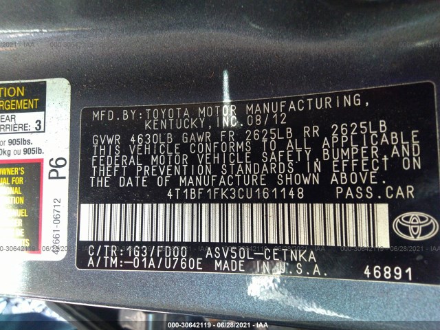 Photo 8 VIN: 4T1BF1FK3CU161148 - TOYOTA CAMRY 