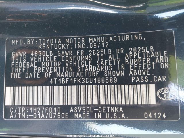 Photo 8 VIN: 4T1BF1FK3CU166589 - TOYOTA CAMRY 