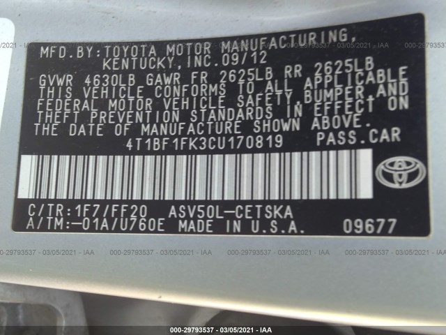 Photo 8 VIN: 4T1BF1FK3CU170819 - TOYOTA CAMRY 