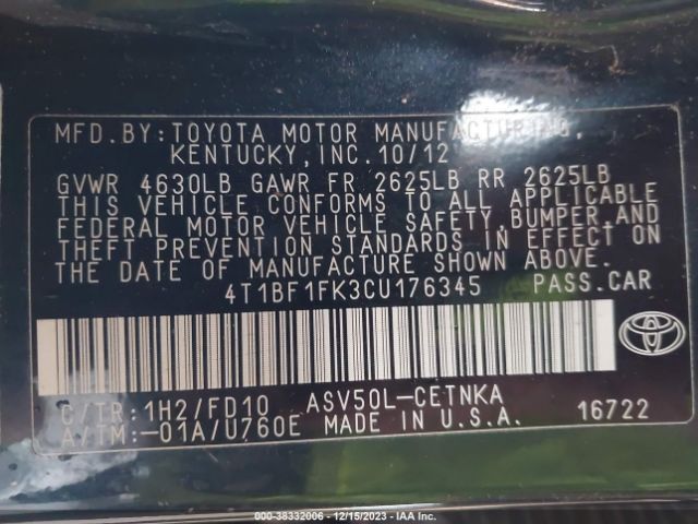 Photo 8 VIN: 4T1BF1FK3CU176345 - TOYOTA CAMRY 