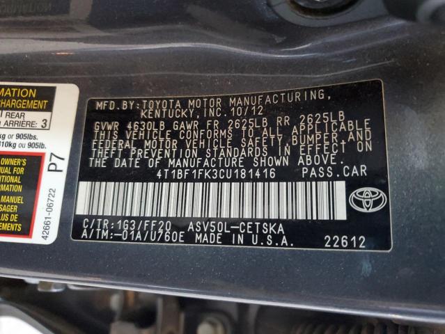 Photo 12 VIN: 4T1BF1FK3CU181416 - TOYOTA CAMRY BASE 