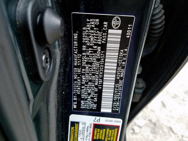 Photo 9 VIN: 4T1BF1FK3CU194571 - TOYOTA CAMRY BASE 