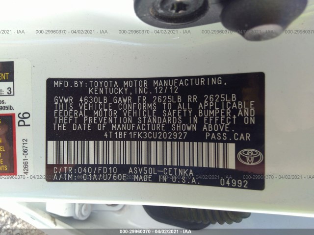 Photo 8 VIN: 4T1BF1FK3CU202927 - TOYOTA CAMRY 